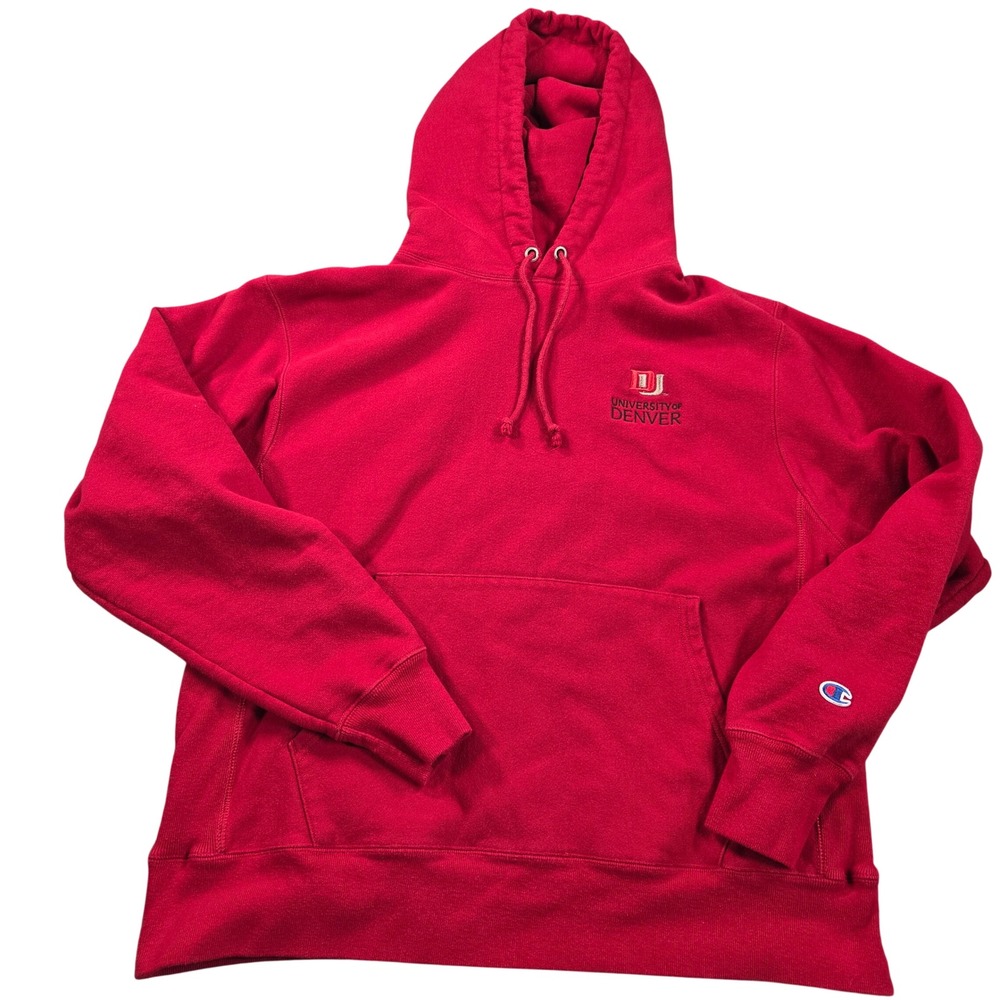 University of Denver Hoodie Mens Large Red Sweatshirt Champion Reverse Weave